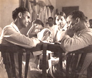 L to R: Shantaram Athavale (Song Writer), Shanta Hublikar (Actress), Master Krishnarao (Music Director), V. Shantaram (Director)